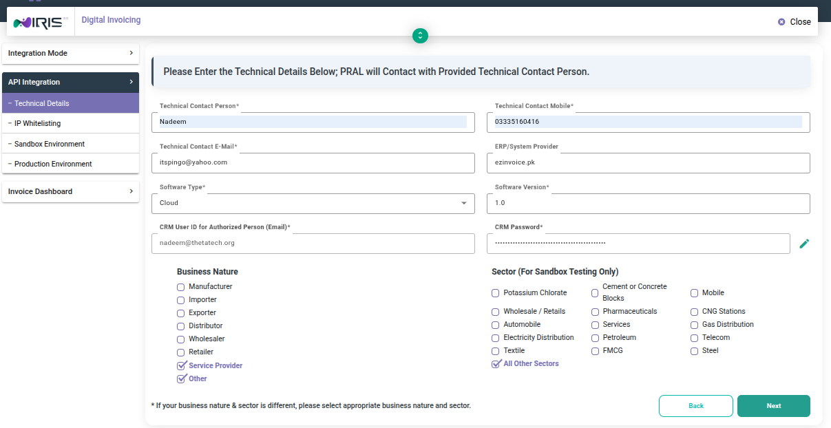 FBR Digital Invoicing Technical Details Tab - ezinvoice.pk