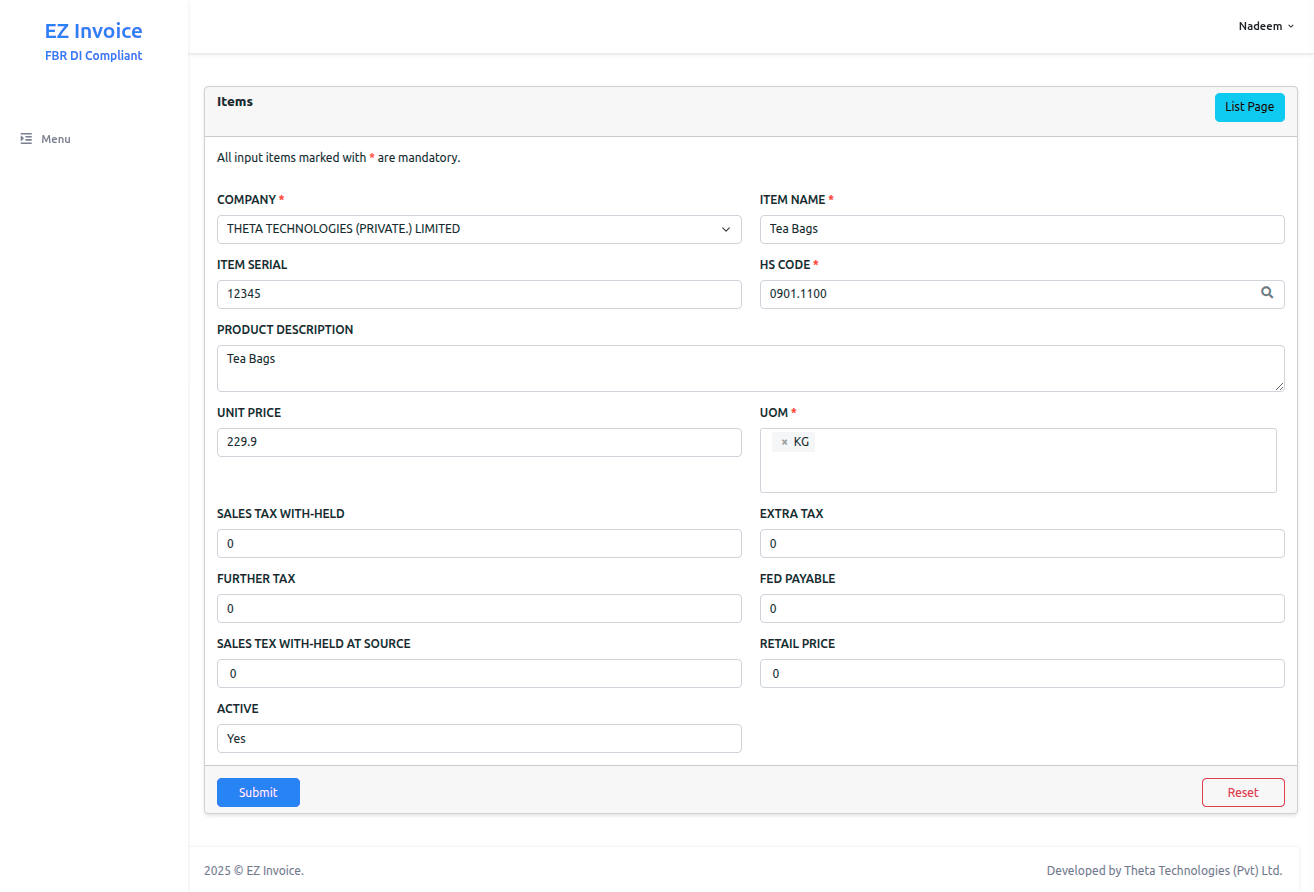 Item Filled Form